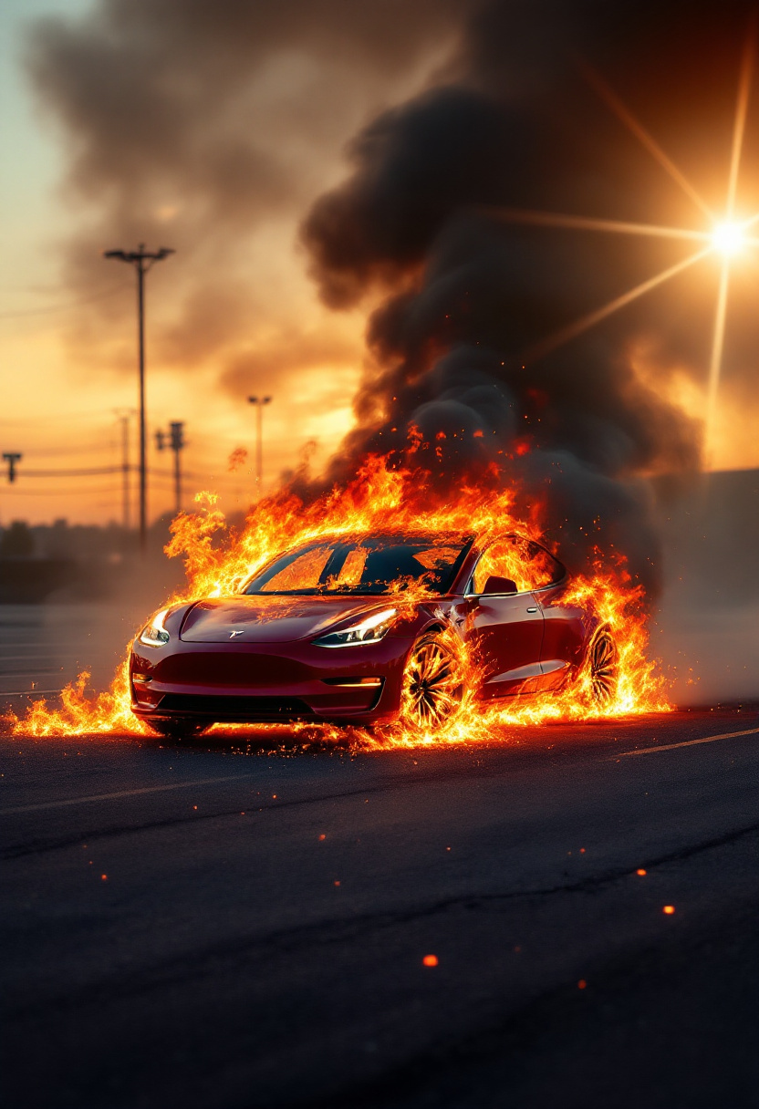 Tesla fire at golden hour