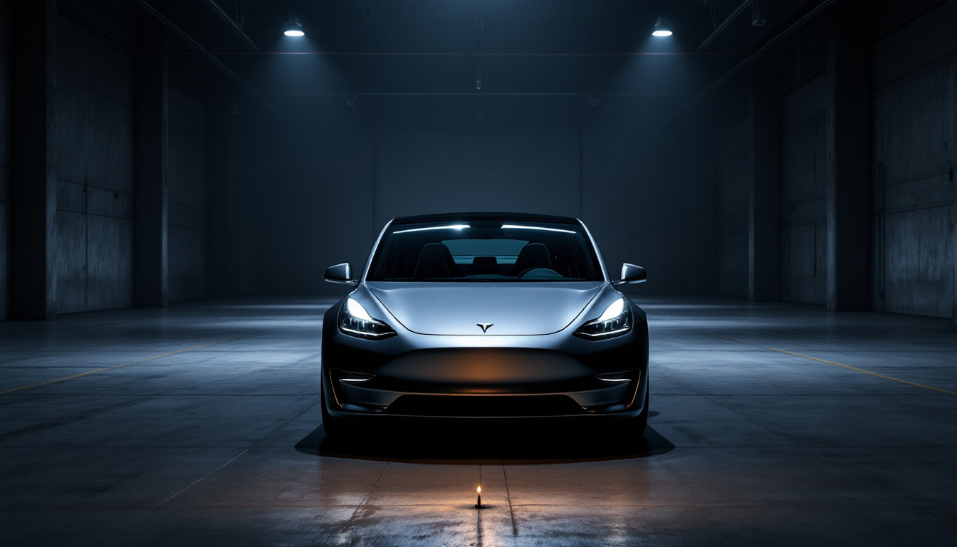 A brand-new Tesla in a spotlight, awaiting its fate