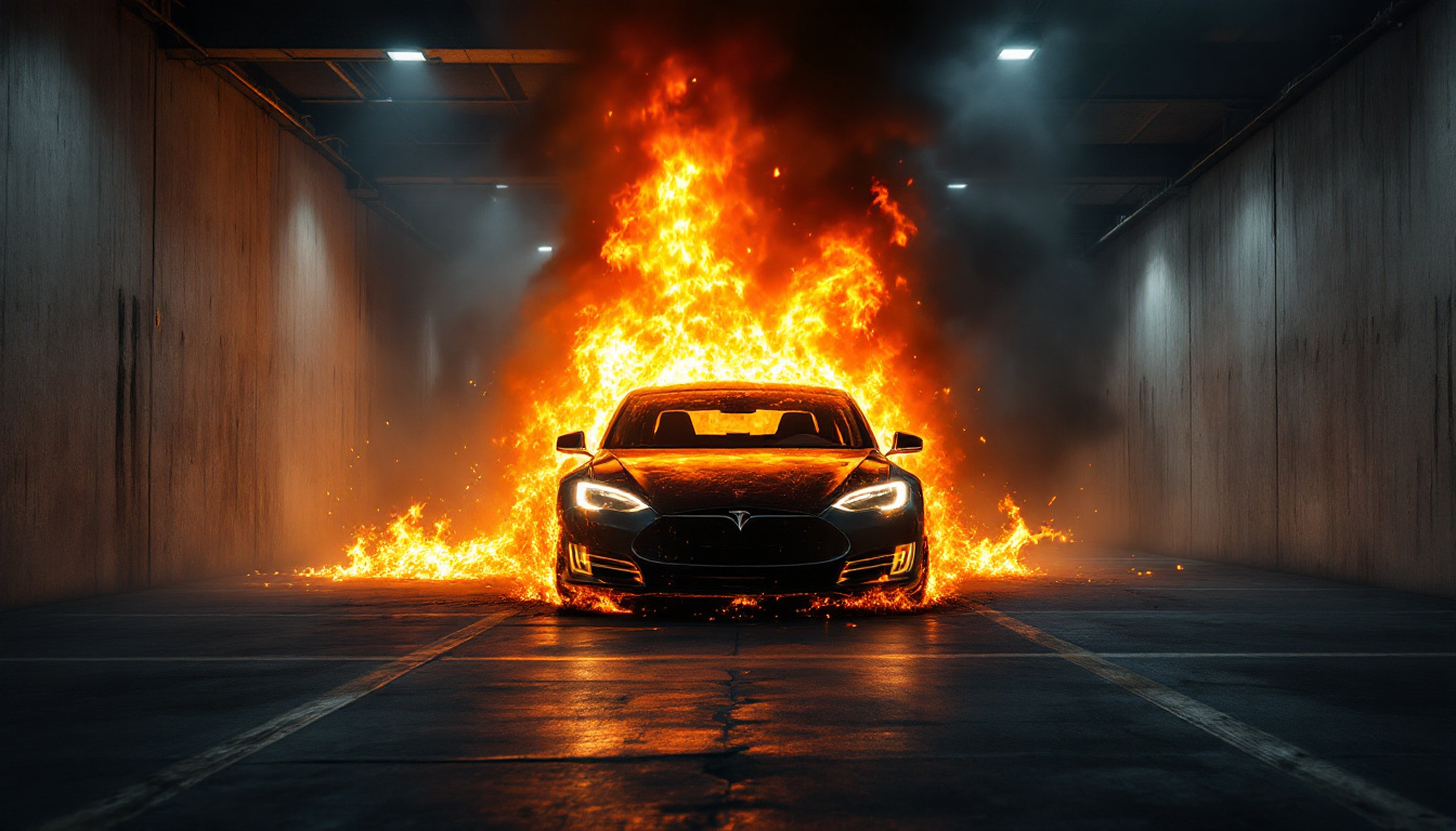 Tesla fire in a parking garage