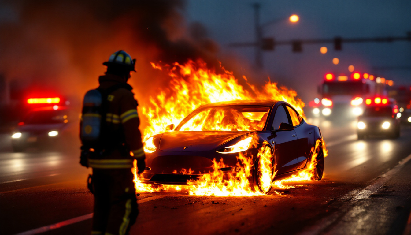 Tesla fire on a highway