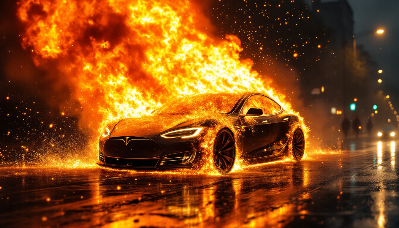 Tesla fire on a city street