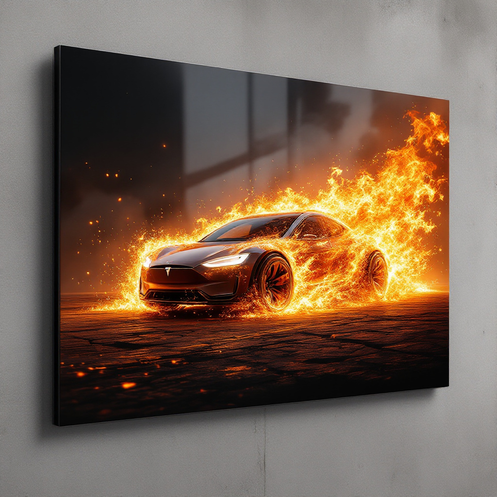 Burning Tesla metal print